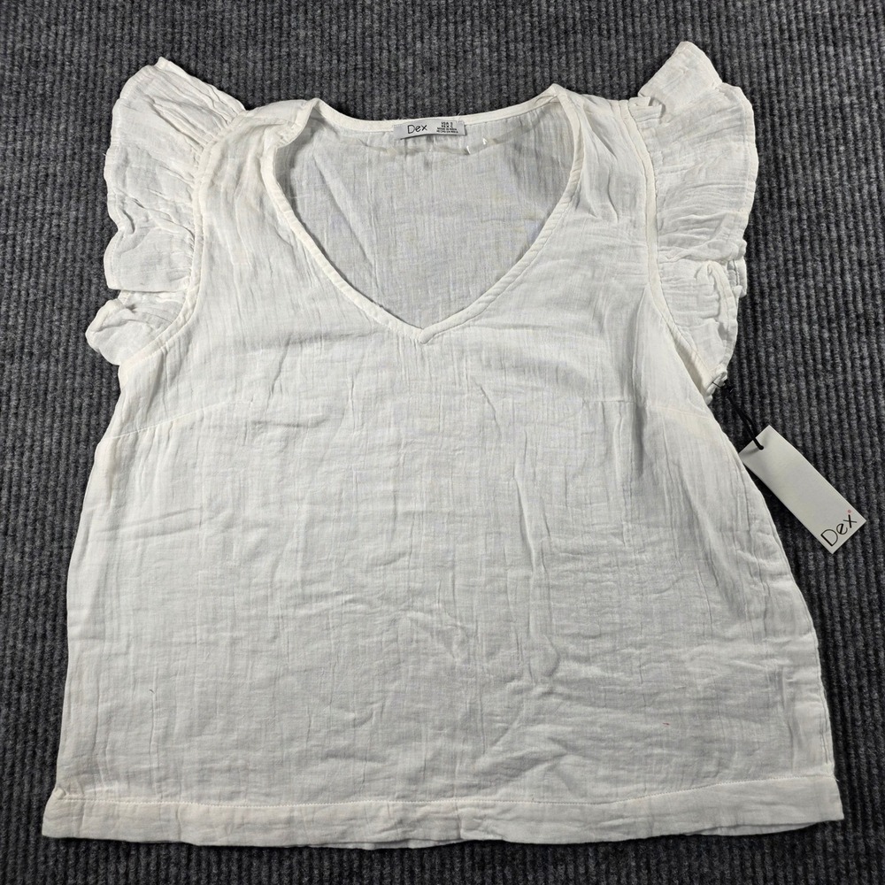 Dex Womens White Cotton Gauze Ruffle Cap Sleeve V-Neck Blouse Top 1923023D‎ S